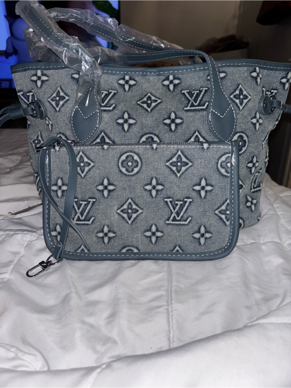 Light Blue Monogram Denim Tote with Pouch Read 👇 - Picture 5 of 5